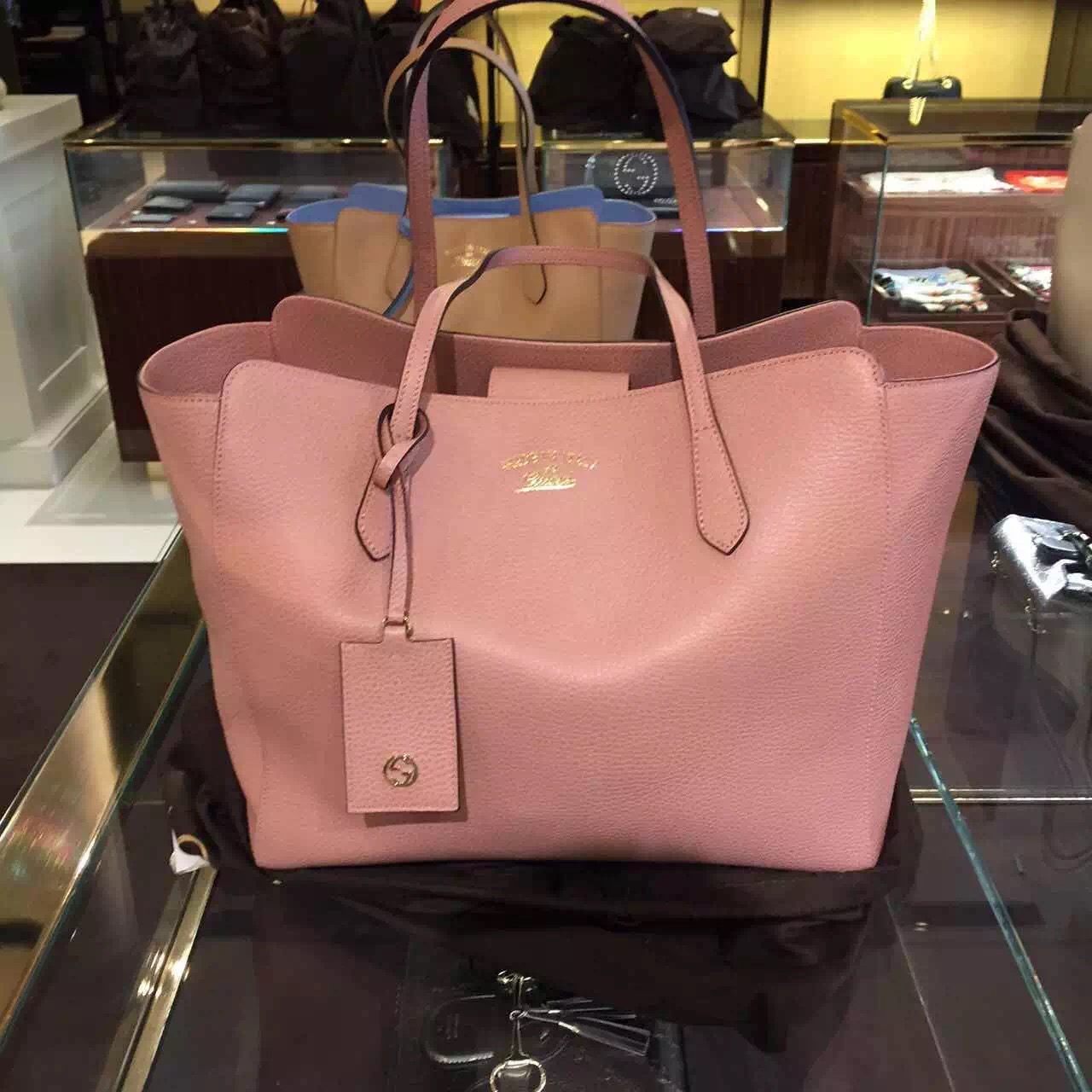 Real Gucci Swing Leather Tote Bag Pink 354397